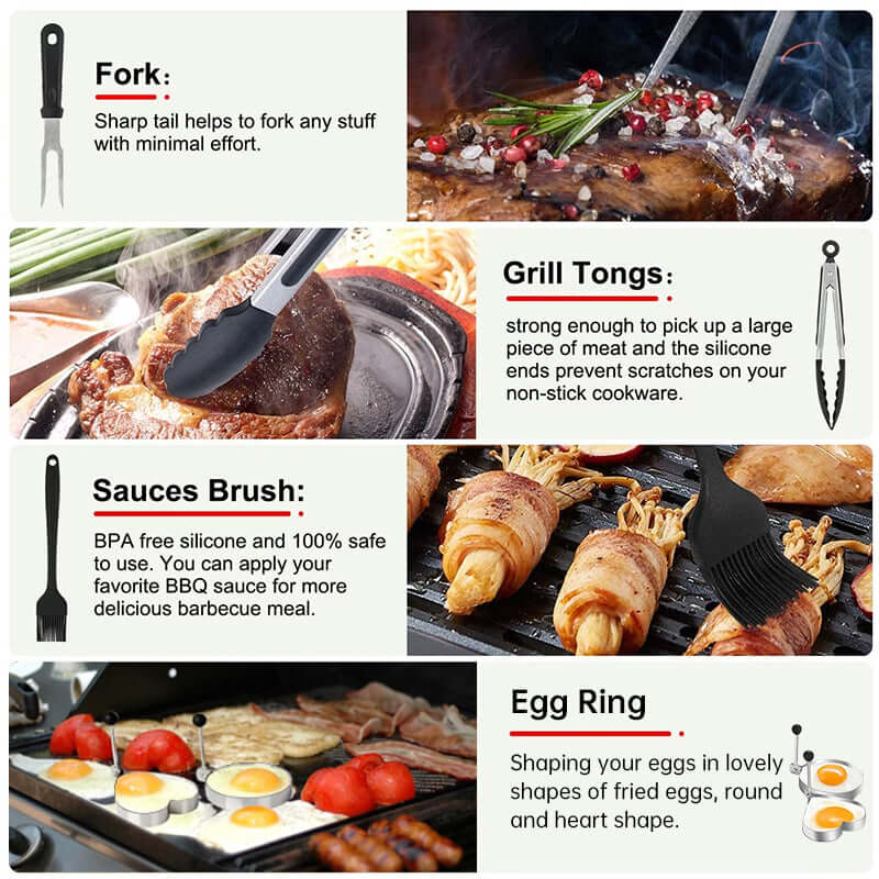 Incredible 29 pc. PRO Grade Stainless Steel BBQ Tools Set w/ Burger Press, Spatula, Egg Ring, & Much More !