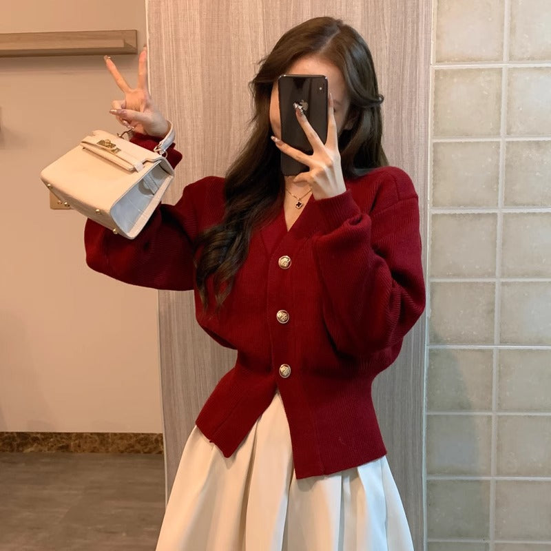 Women's Gorgeous Fall & Winter Cherry Red or Black Knit Cardigan - Classic Waist-Cinching Slim Fit Sweater 💝