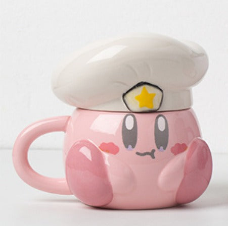 Cute Pink Madou Cartoon Chef Star Ceramic Mug with Lid - Burger & Cheese Options Also Available ☕️