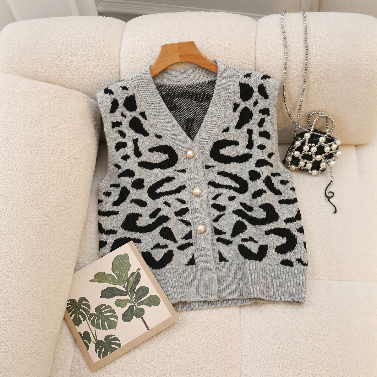 Leopard V Neck Cardigan | Pearl Button Loose Knit Vest