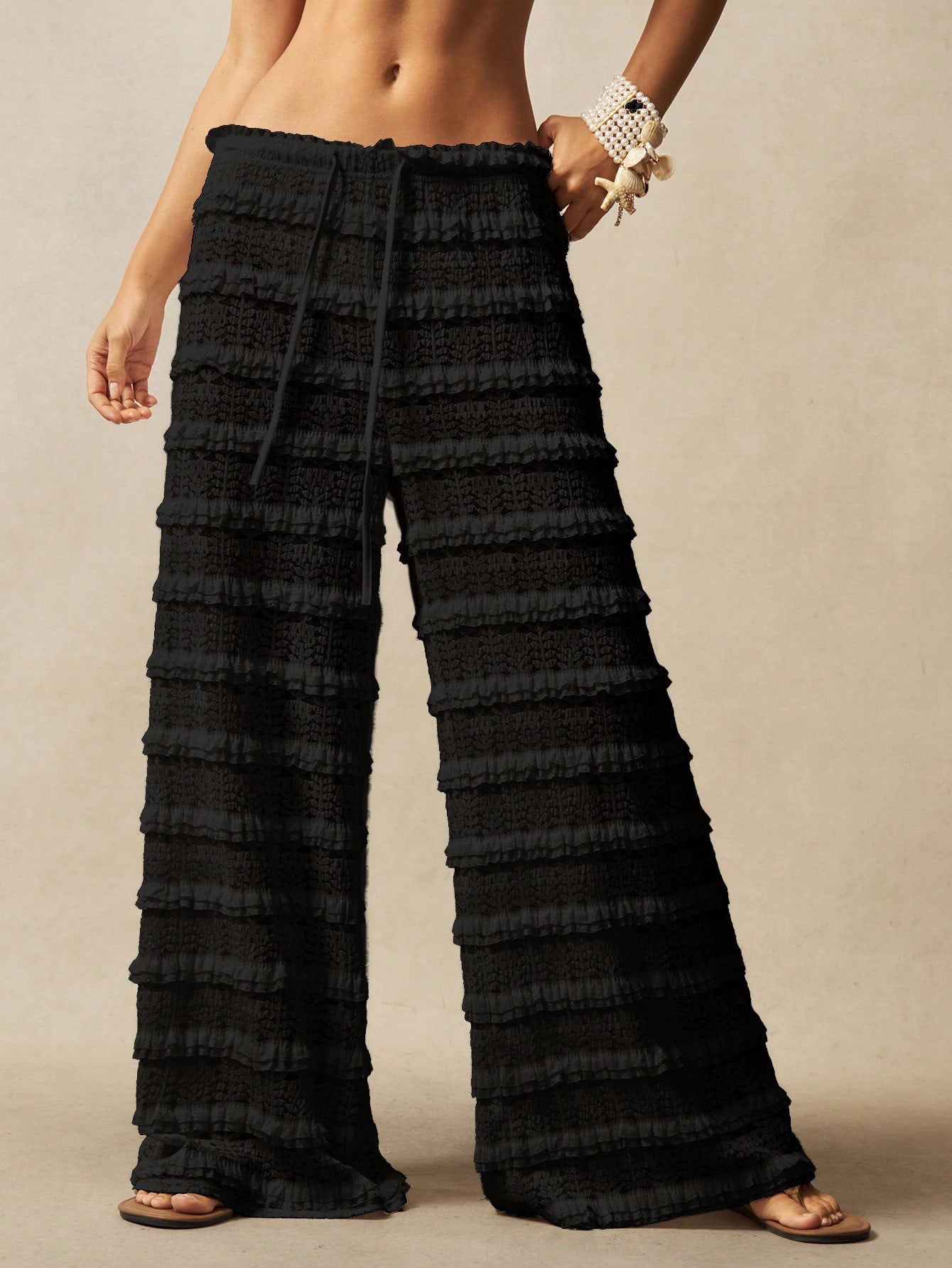 Women's Unique Trendy Streetwear Pants - Sexy Casual Solid Color Lace Jacquard Hollow-out Patchwork