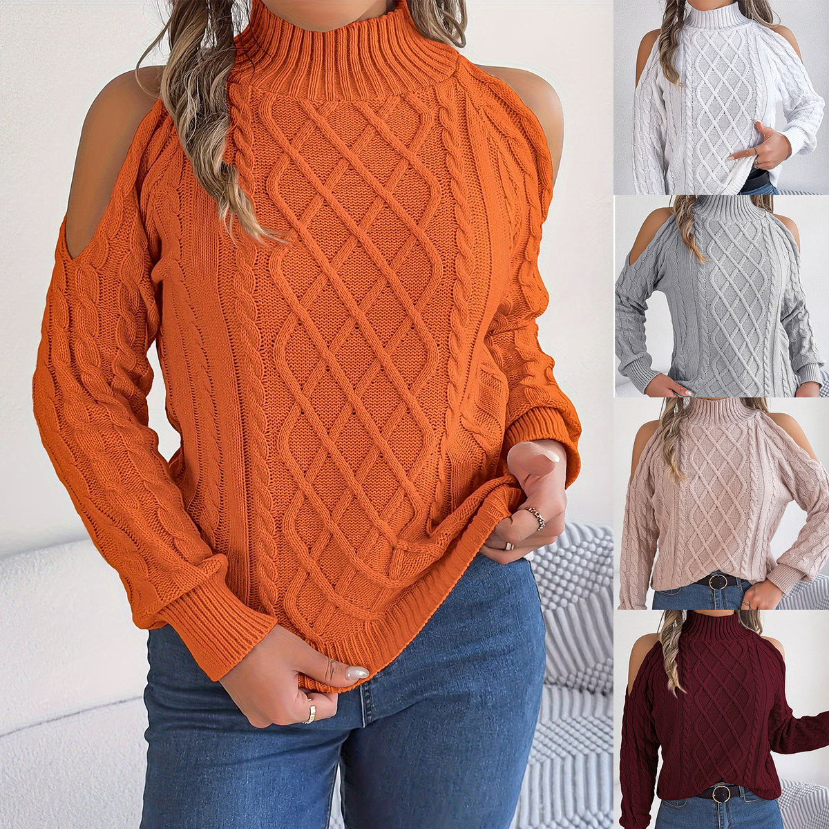Off-Shoulder Twisted Knit Warm Fall Pullover Sweater