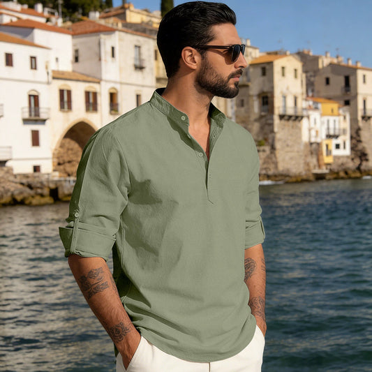 Men's Trendy All Seasons Shirt - Lightweight Solid Cotton Linen, Henley Collar Button-Up Long Sleeve