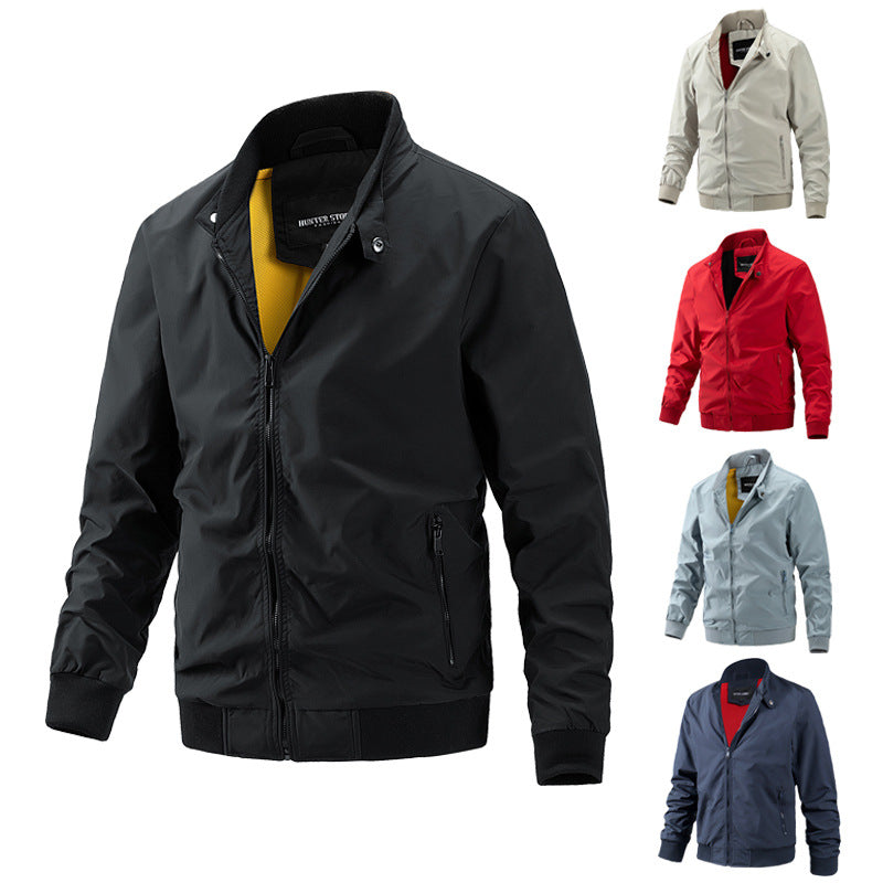 Men's Fashion Sporty Zipper Flight Jacket with Stand up Collar, Crimped Cuff and Waist