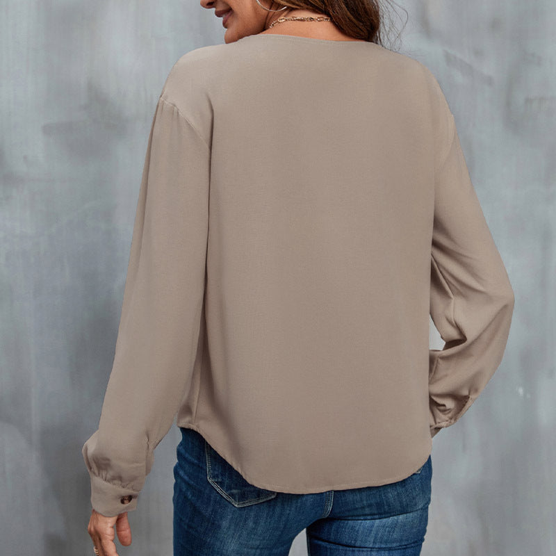 Women's Fall Fashion V-neck Long Sleeve Casual Shirt - Stylish Button Pattern, Set the Tone for Fall ! 🍁