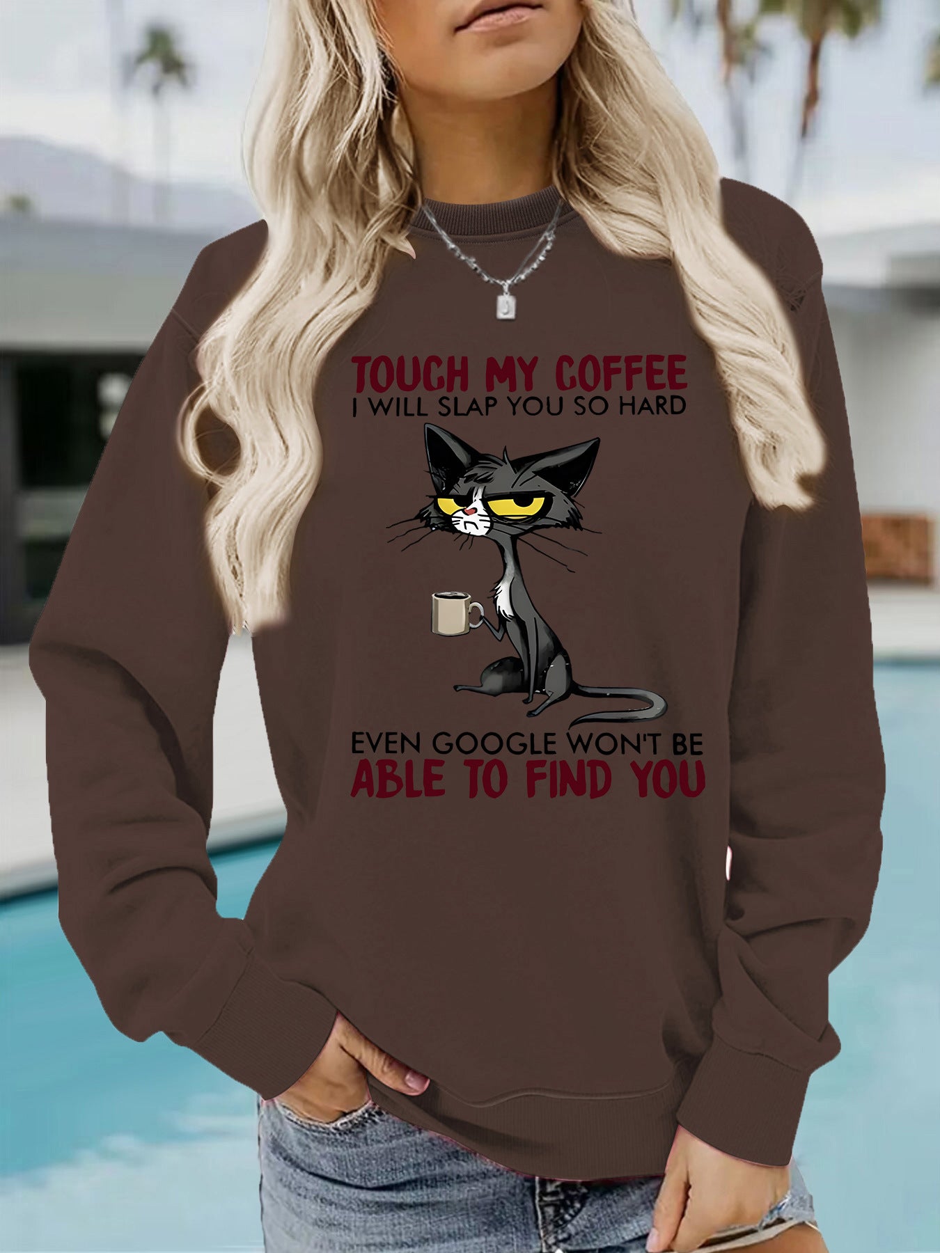 Women's Seasonal Warm Casual Sweatshirt with Humorous Cat COFFEE Graphic ☕️ 😻