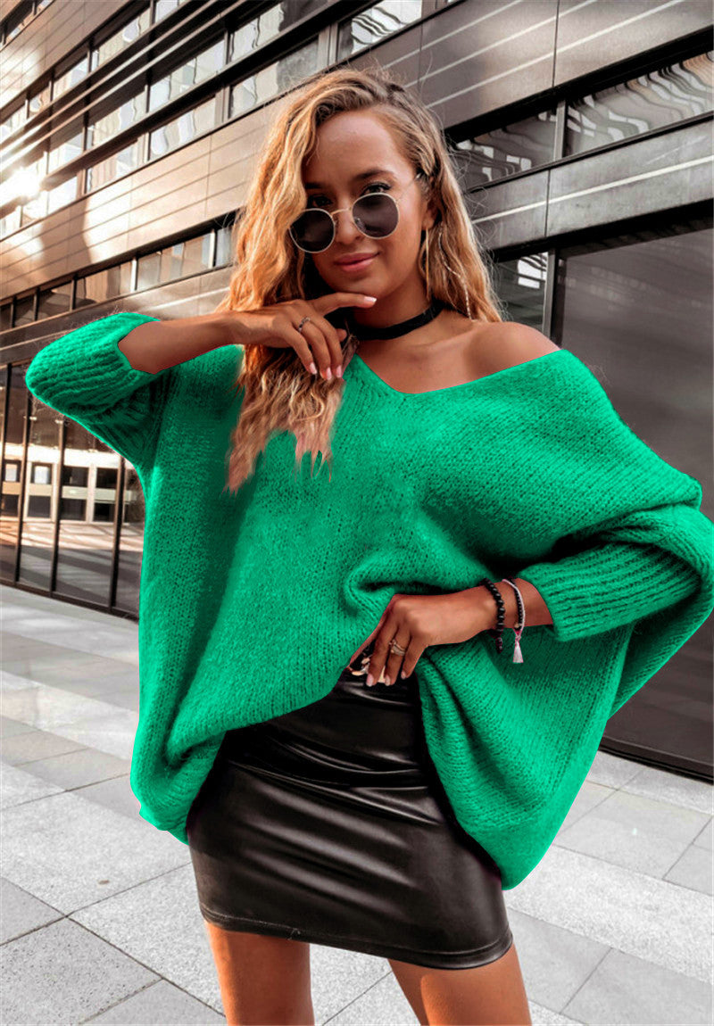 Sexy Oversized V-Neck Off-Shoulder Batwing Knit Sweater
