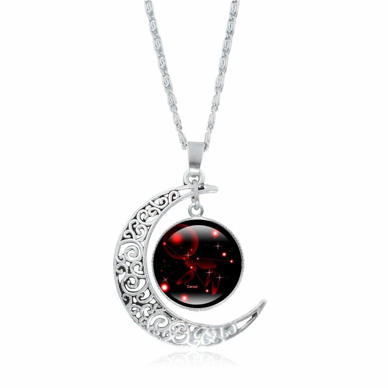 Gorgeous Zodiac Time Gem Luminous Necklace for Women - Simple Silver Moon Pendant Choker Giftable 💝