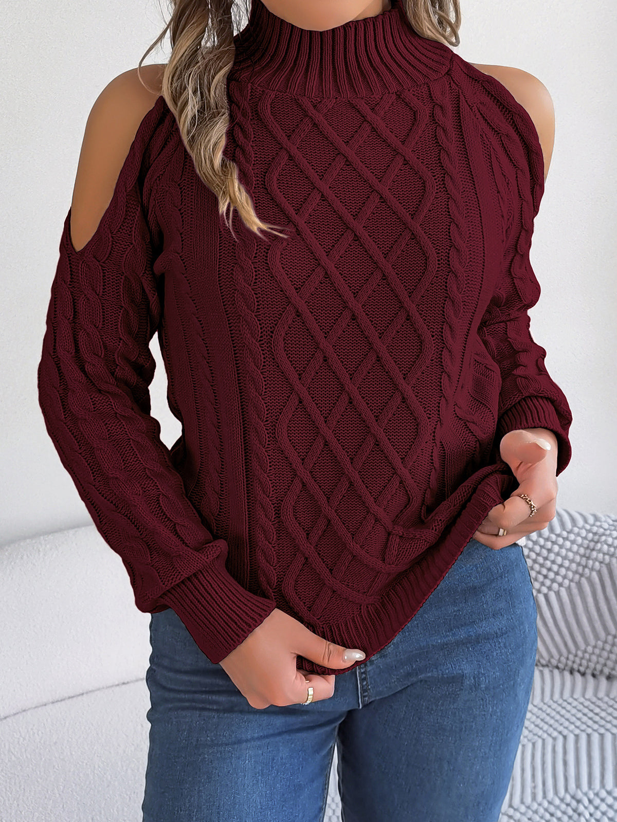 Off-Shoulder Twisted Knit Warm Fall Pullover Sweater