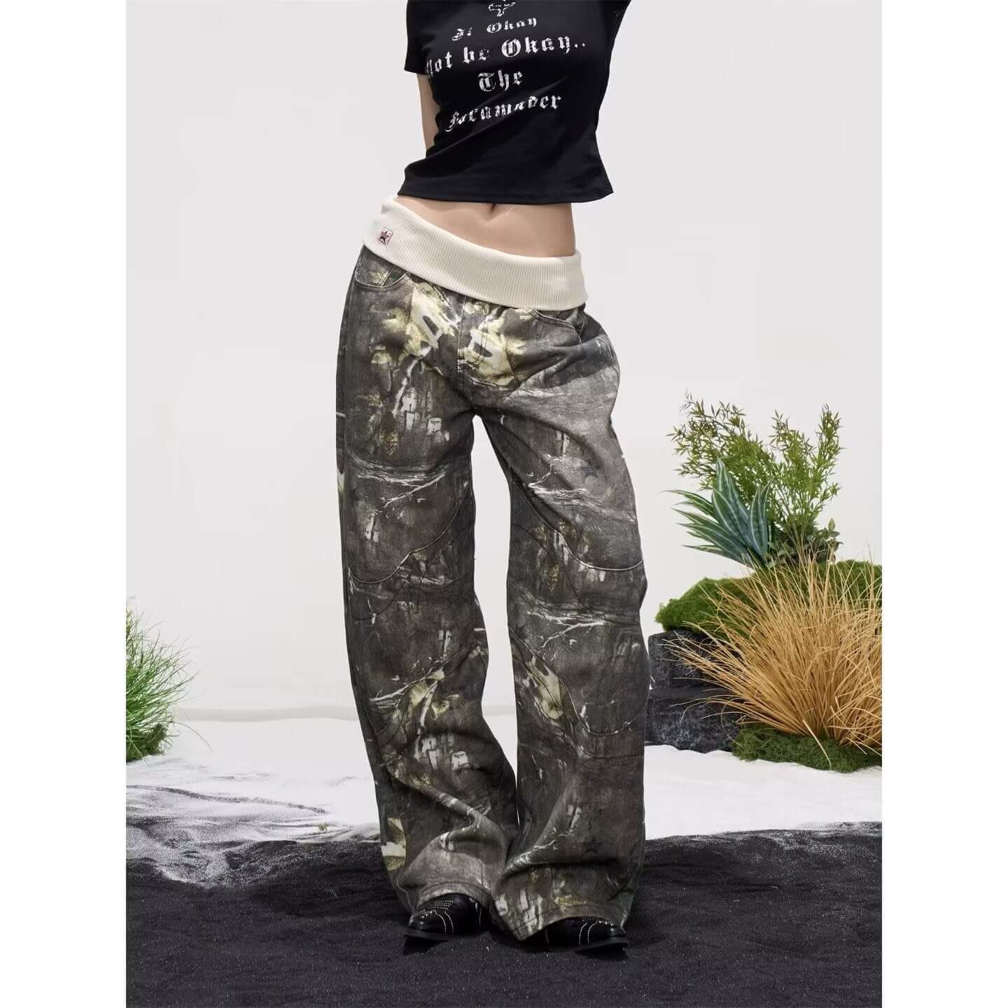 Sexy & Popular Ribbed Waistband Leaf Camouflage Wide-Leg Jeans for Women
