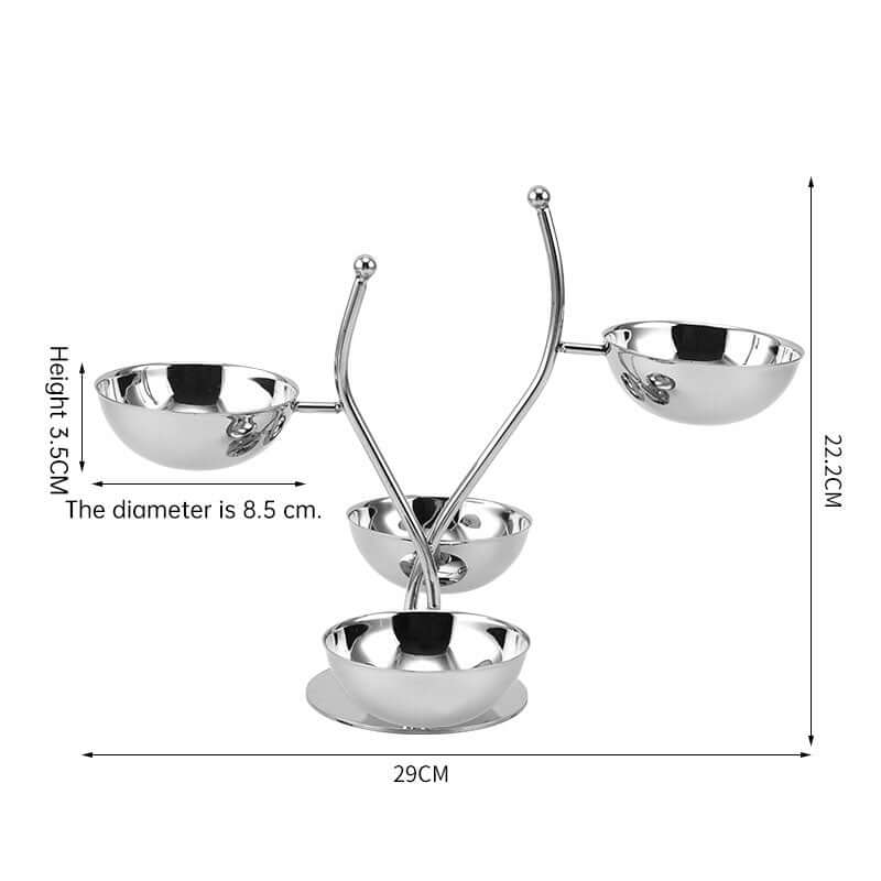 Sleek Polished Stainless Steel Condiment Display Stand with Dip Bowls - Fruit, Snacks & Chip Dip Server Set