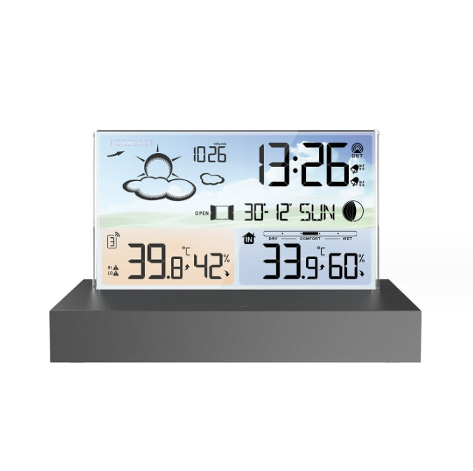 Transparent Glass Weather Forecast Clock -  Features Color Screen RF Wireless, Alarm, Perpetual Calendar, 12 or 24 Hour Format, 7 Languages