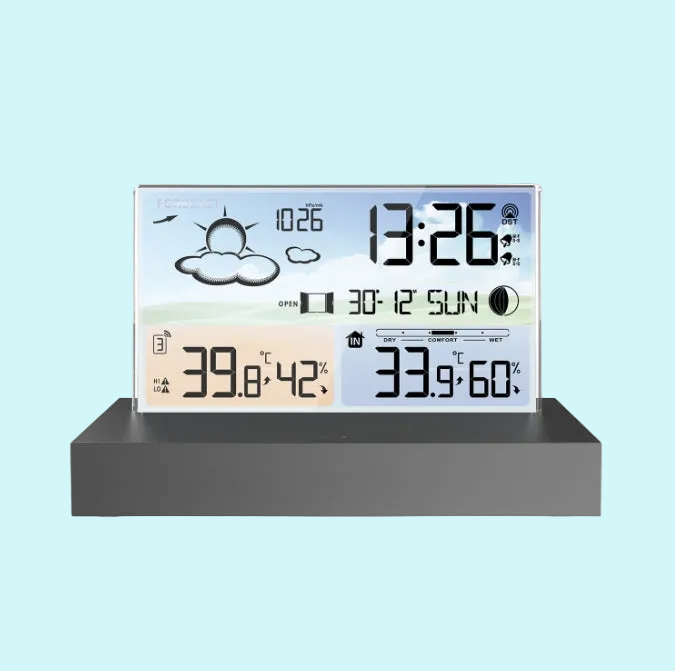 Transparent Glass Weather Forecast Clock -  Features Color Screen RF Wireless, Alarm, Perpetual Calendar, 12 or 24 Hour Format, 7 Languages