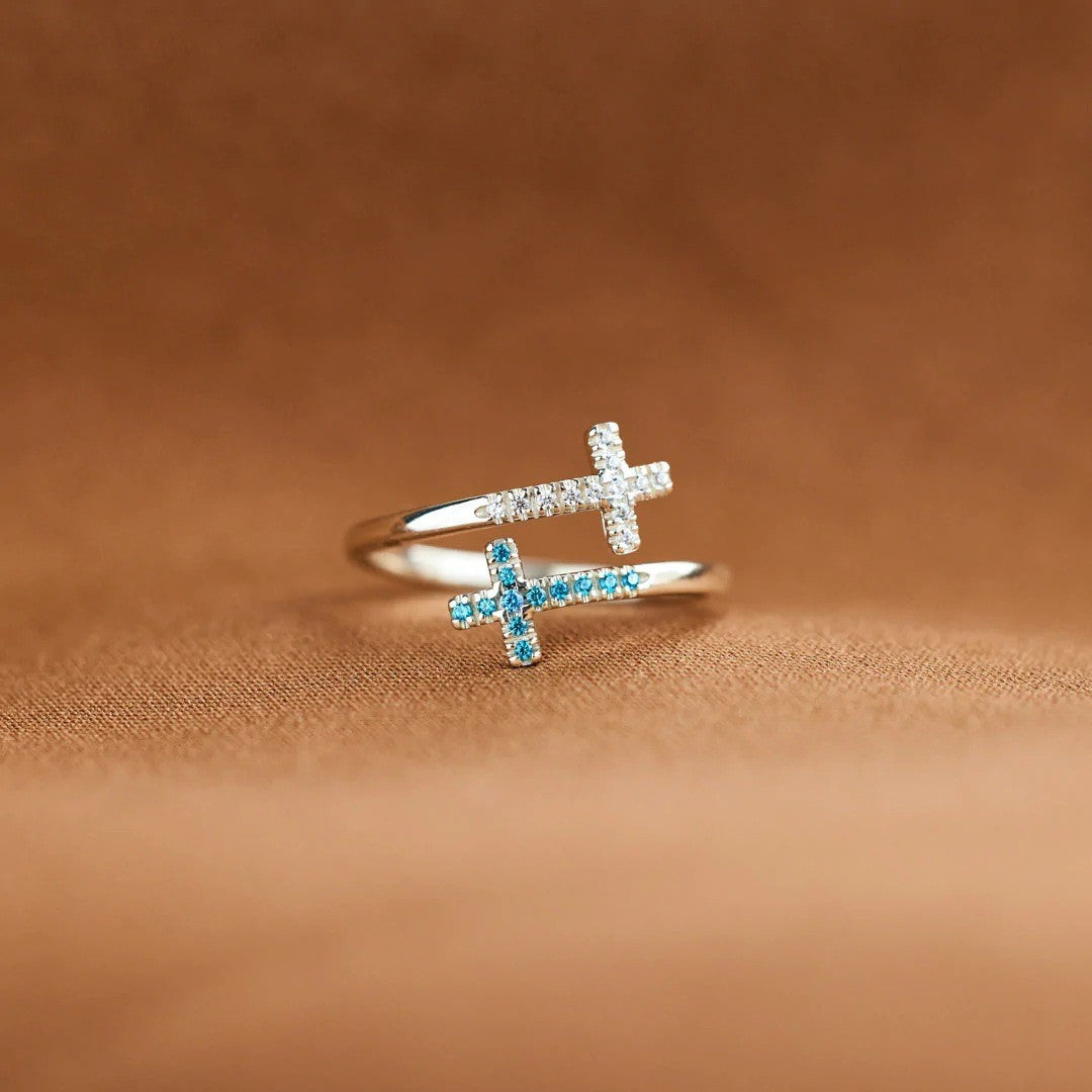 Chic Aqua Blue & Silver Sideways Cross Open Ring 💍