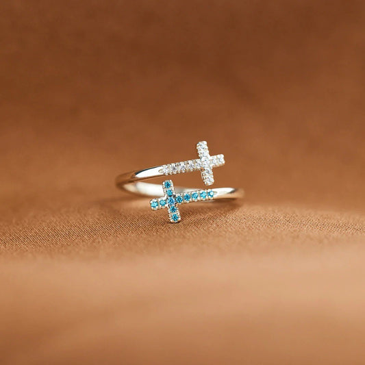 Chic Aqua Blue & Silver Sideways Cross Open Ring 💍