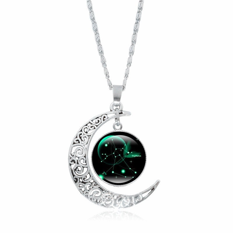 Gorgeous Zodiac Time Gem Luminous Necklace for Women - Simple Silver Moon Pendant Choker Giftable 💝