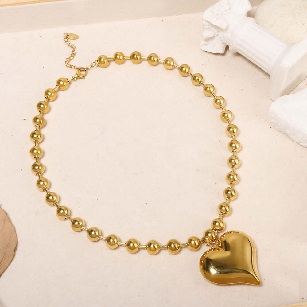 Stainless Steel Bead Chain - 18K Gold Heart Pendant Necklace Geometric Minimalist Hip-Hop Choker