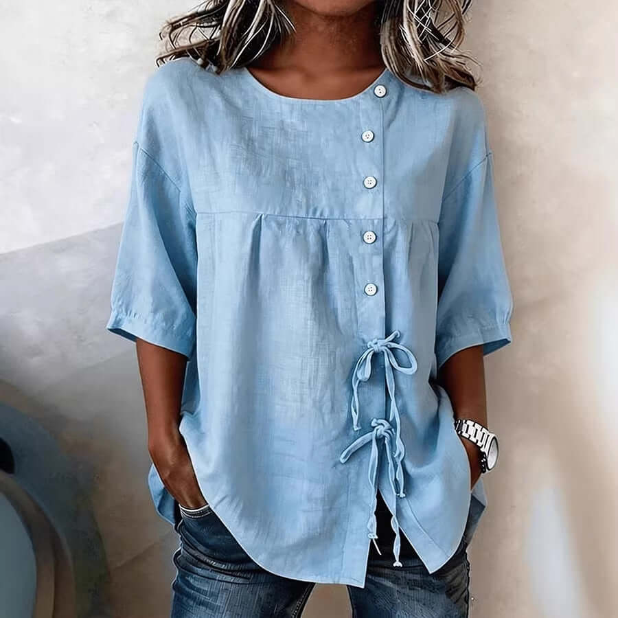 Women's Gorgeous Casual Loose-Fit Shirt with Ties & Button Closure, Round Neck, Mid-Sleeve 🤩