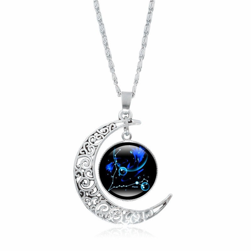 Gorgeous Zodiac Time Gem Luminous Necklace for Women - Simple Silver Moon Pendant Choker Giftable 💝