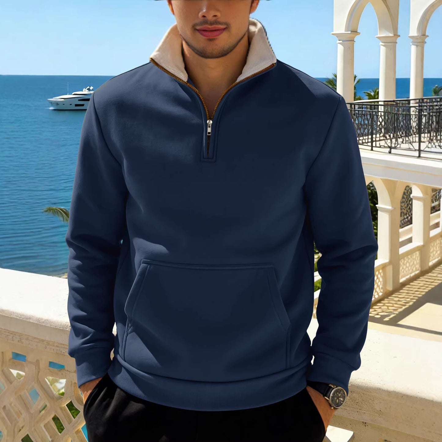 Men's Warm Autumn and Winter Waffle Knit Sweatshirt with Pouch Pocket and Stand-up Collar ♨️