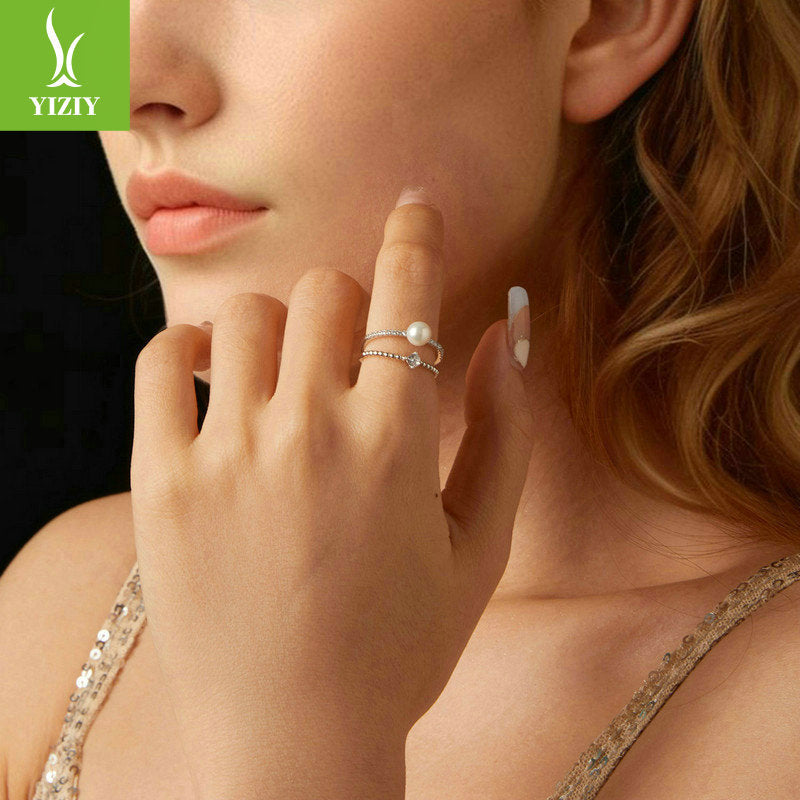 Moissanite Pearl 925 Silver Ring | Elegant Two Layer Band