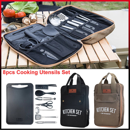 Creative Camping Kitchen Set - 8pcs. Outdoor Stainless Steel Cookware Tool and Travel Kit + Durable Organizer Storage bag