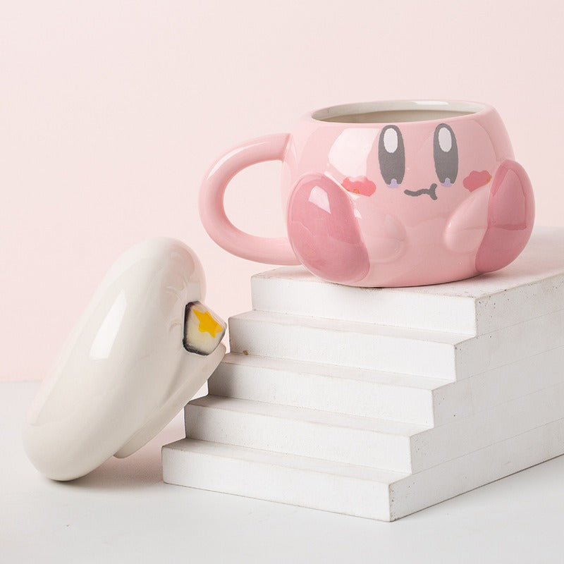Cute Pink Madou Cartoon Chef Star Ceramic Mug with Lid - Burger & Cheese Options Also Available ☕️