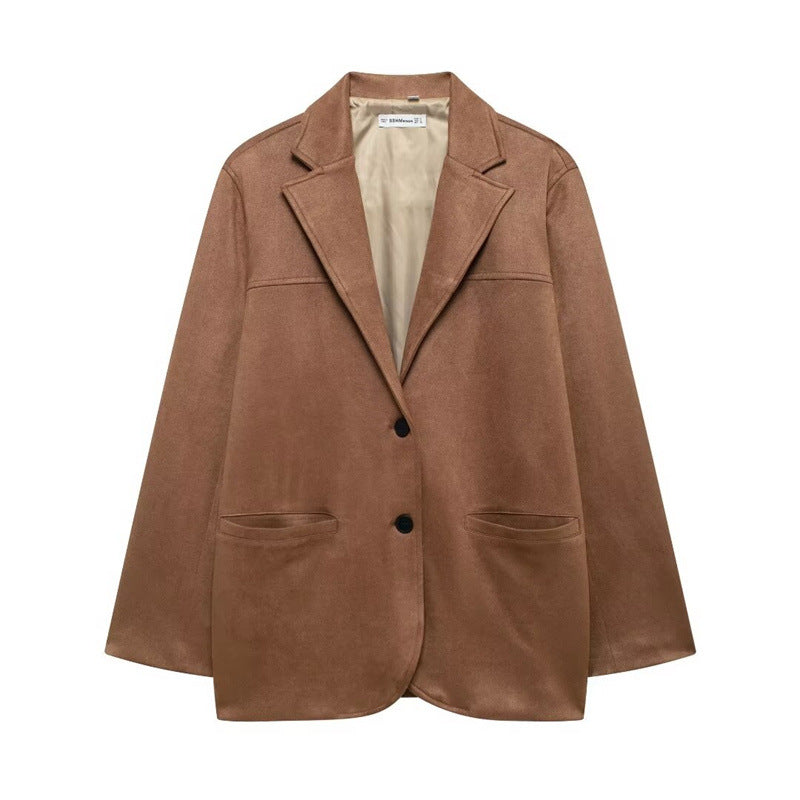 Women's Fashionable Business Casual Suit - Suede Leather Jacket and Short Skirt Set with Buttons & Pockets