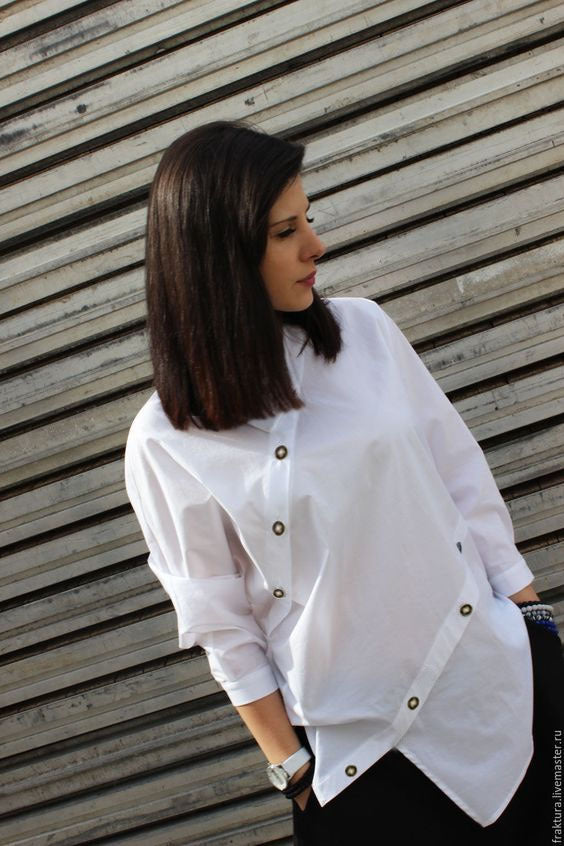 Cross Border Unique Women's Fashion Long Sleeved Shirt - Asymmetrical Buttons & Sloping Collar Top 😎