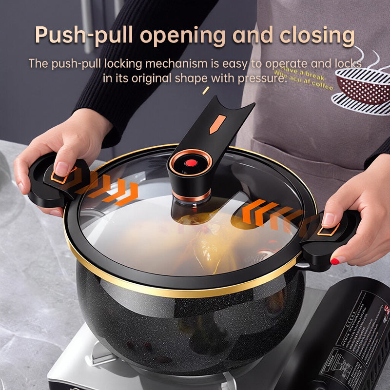Large Black or White Modern 7L Enameled Cast Iron Soup Pot with Spoon – Heavy-Duty Pressure-Assist Stewing Pot