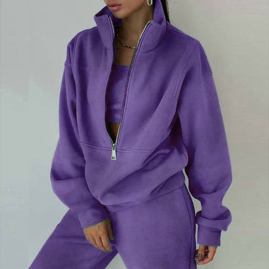 Women's Dazzling Tracksuit Set - Sporty Casual Fleece High-Collar Wrinkle Resistant Activewear 😎💝
