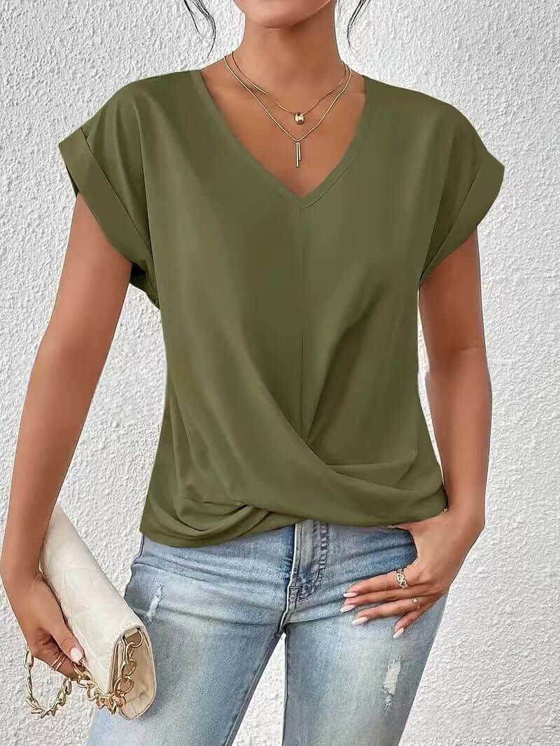 Women's Sleek Pleated V-neck T-shirt in a Multitude of Gorgeous Color Options 🌈 🤩