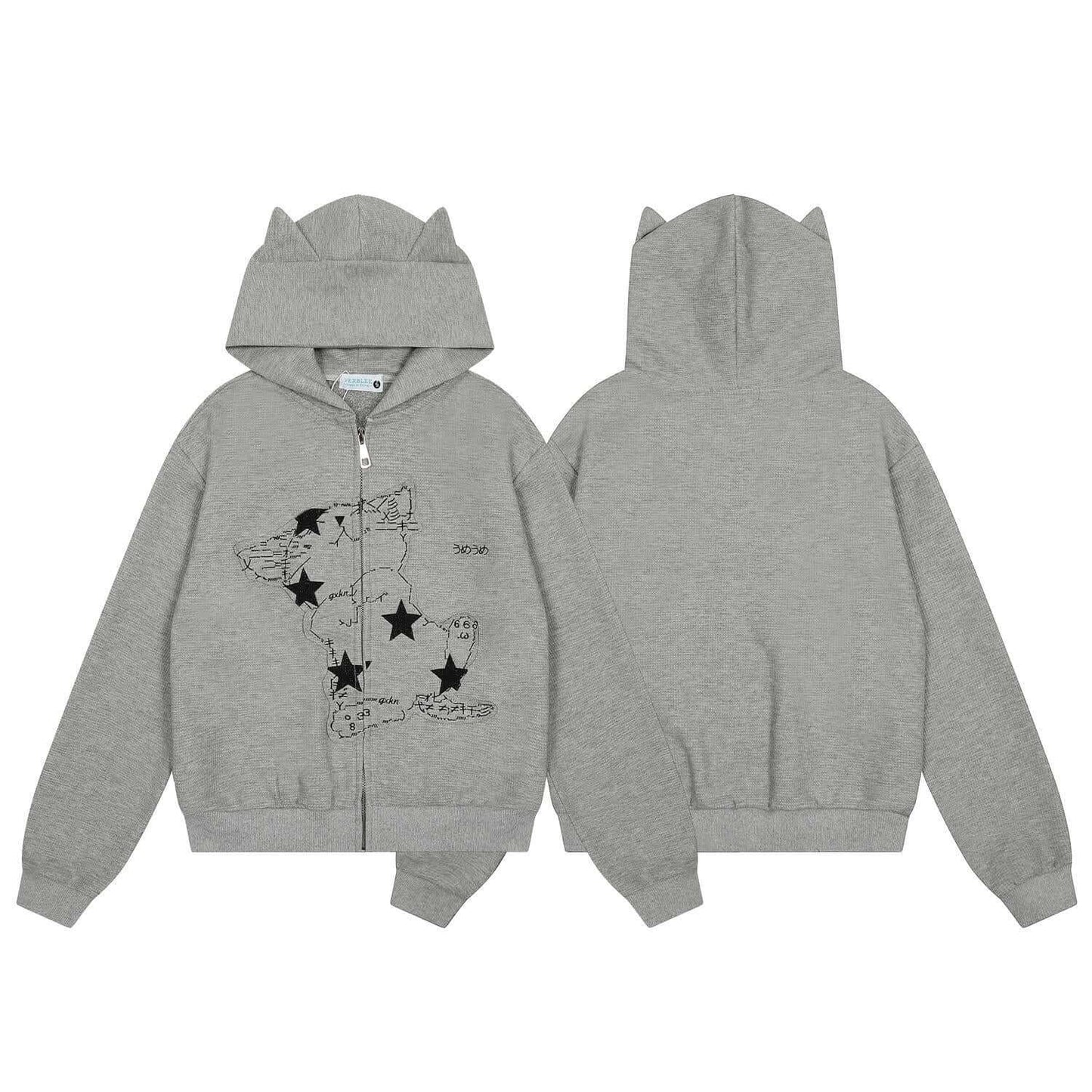 Warm Retro Lazy Kitten Embroidered Hooded Jacket with Kitty Ears 😺