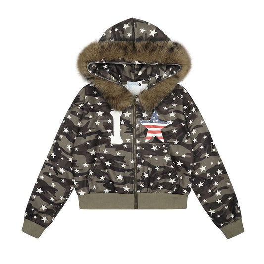 Popular Unisex Warm Camouflage Hooded Jacket - USA Star 🇺🇸 and Fur Collar