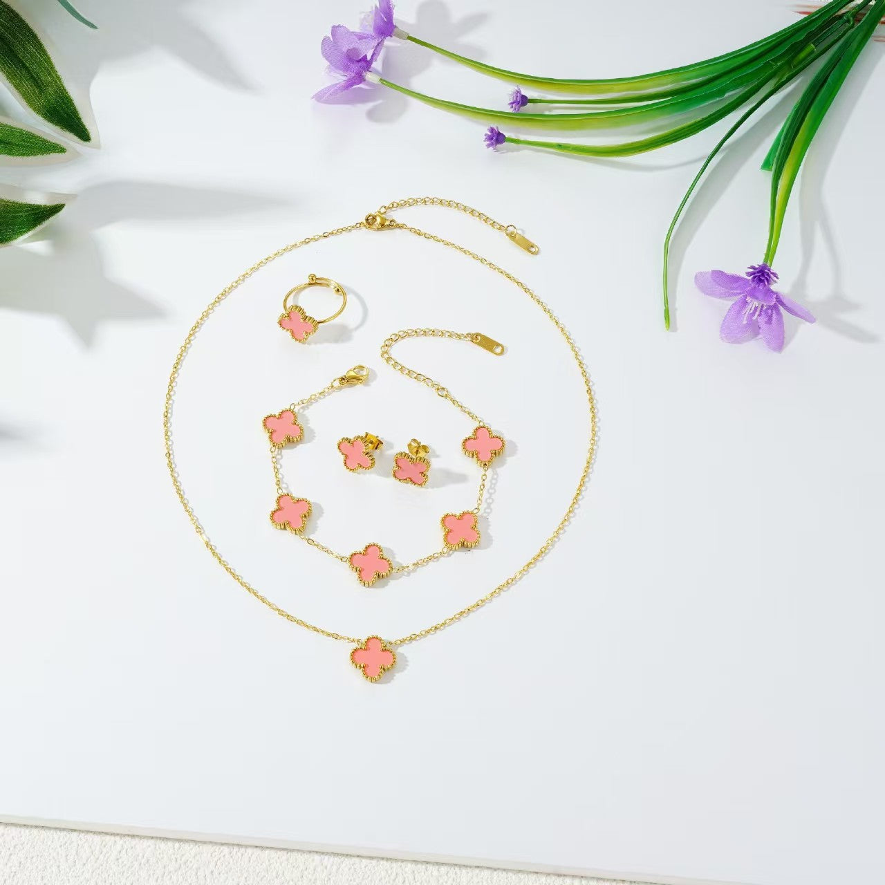 Gorgeous 4pc. Titanium Steel Jewelry SET - Great Value Floral Necklace + Bracelet + Earrings + Ring in Beautiful Colors