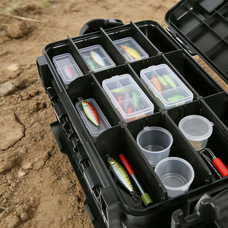 Giftable Tough & Durable 2-Layer Fishing Tackle Box - Adjustable Compartments + Dividers with Rod & Cup Holders 🎁