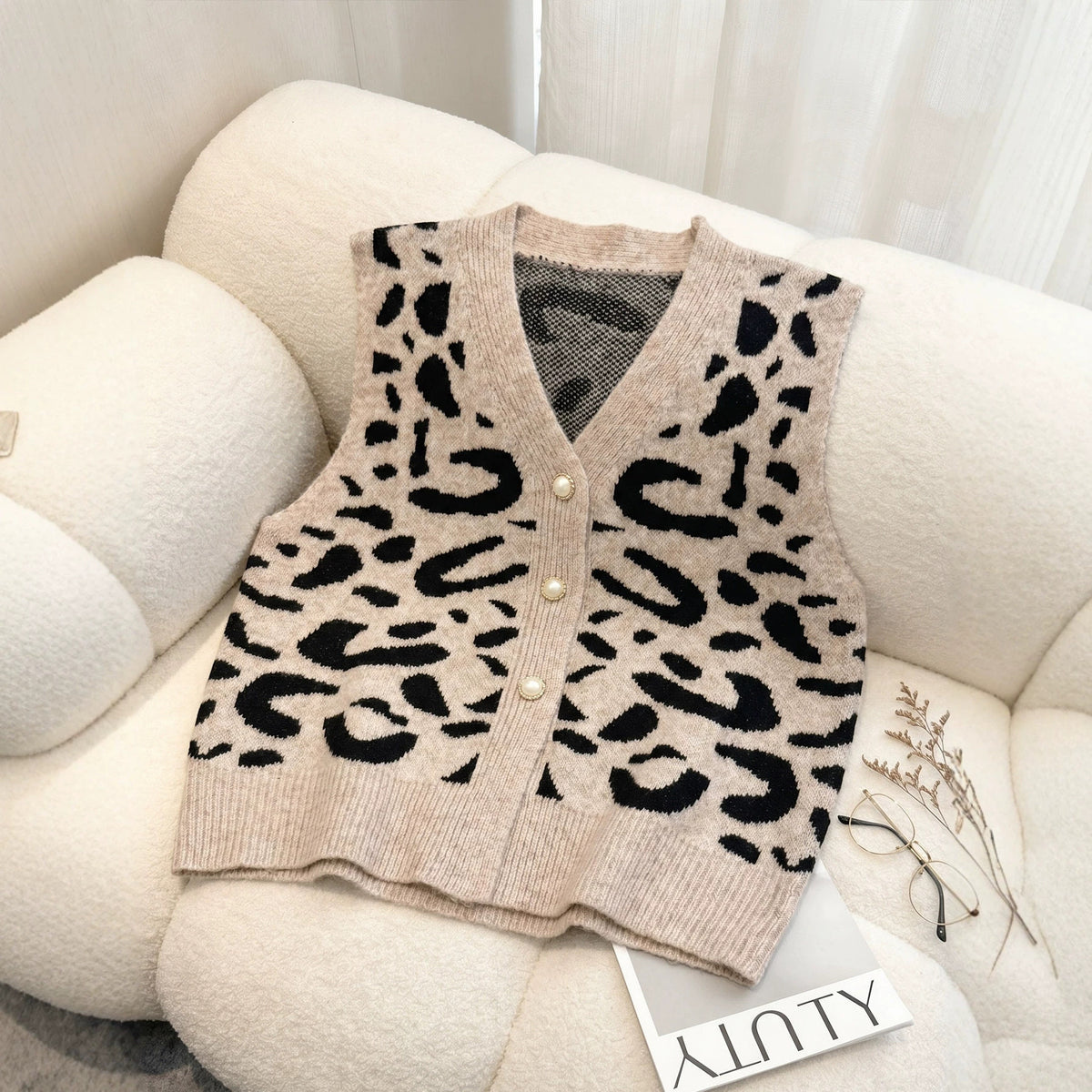 Leopard V Neck Cardigan | Pearl Button Loose Knit Vest