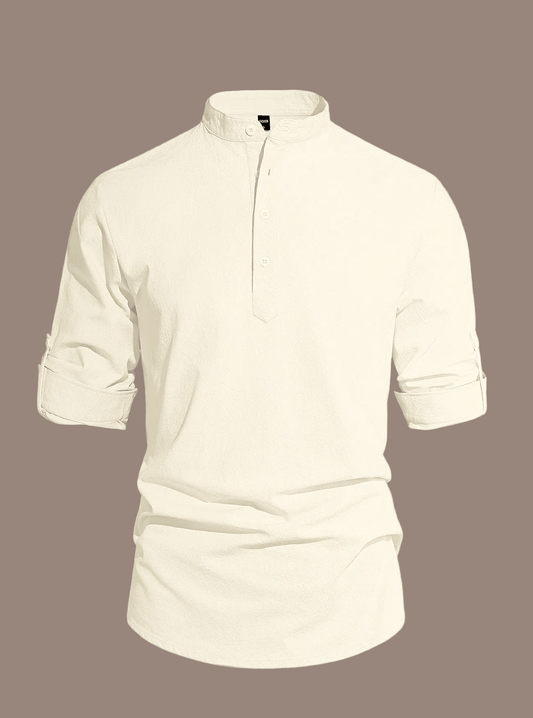 Men's Trendy All Seasons Shirt - Lightweight Solid Cotton Linen, Henley Collar Button-Up Long Sleeve