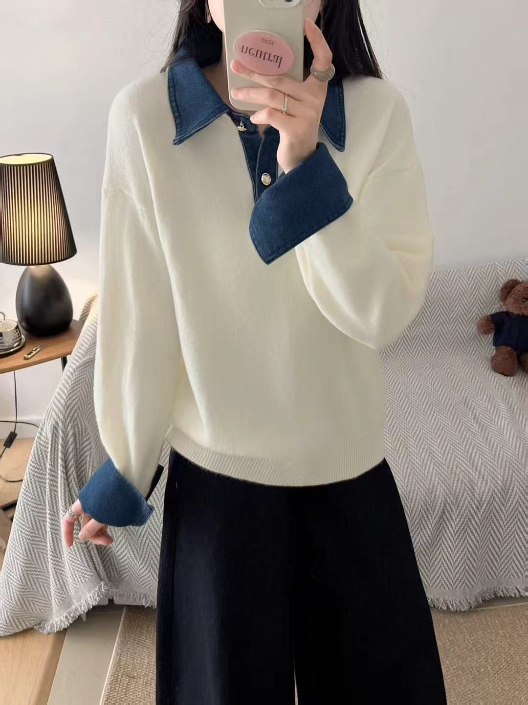 Unique Color Block Denim Patchwork Polo Sweater 😎