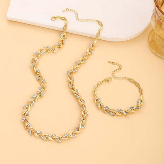 Luxury Leaf Design Rhinestone 2pc. Matching Bracelet and Necklace SET in Gorgeous Rose Gold, Gold, & Silver