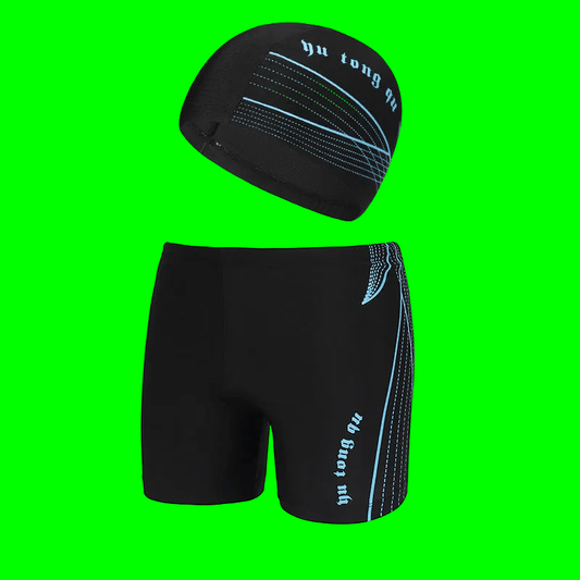 Large Sizes Striped Men's Swimming Trunks and Cap with Three-Dimensional Elastic Waistband 🏊‍♀️