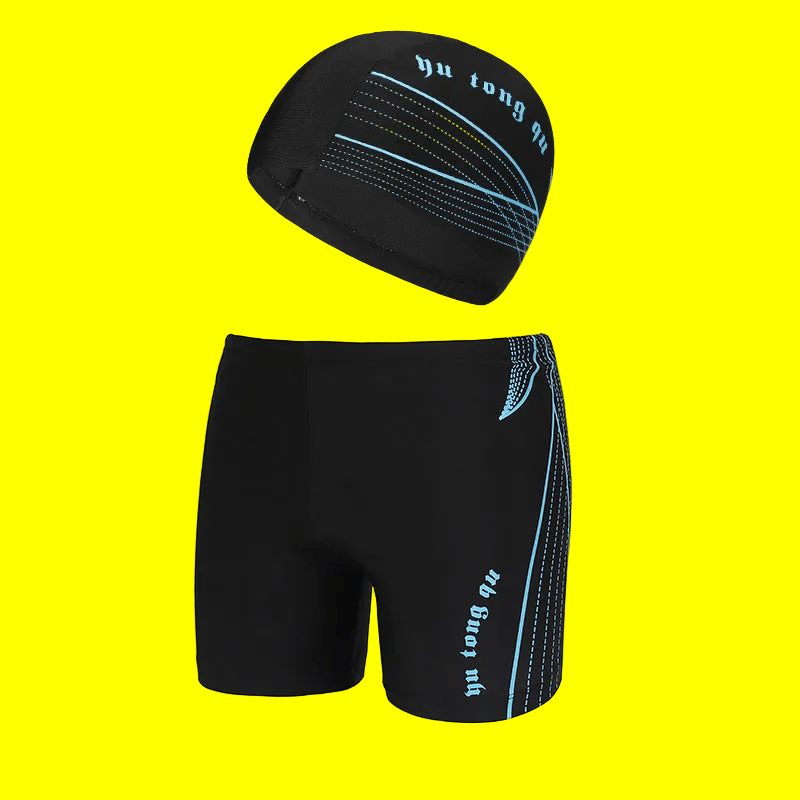 Large Sizes Striped Men's Swimming Trunks and Cap with Three-Dimensional Elastic Waistband 🏊‍♀️