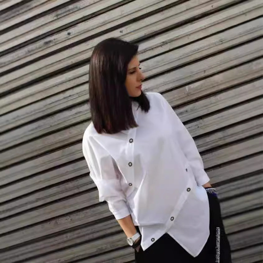 Cross Border Unique Women's Fashion Long Sleeved Shirt - Asymmetrical Buttons & Sloping Collar Top 😎