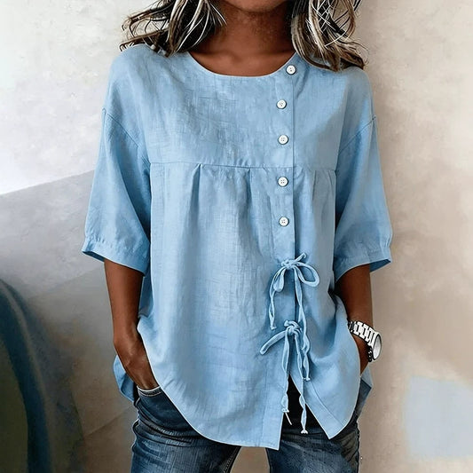 Women's Gorgeous Casual Loose-Fit Shirt with Ties & Button Closure, Round Neck, Mid-Sleeve 🤩