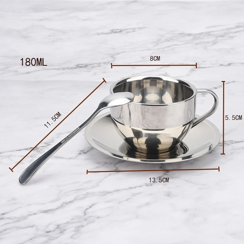 Gorgeous 304 Stainless Steel Coffee Cups 3pc. SET -  Double-deck Thermal Insulation, Mug-Plate-Spoon ☕️