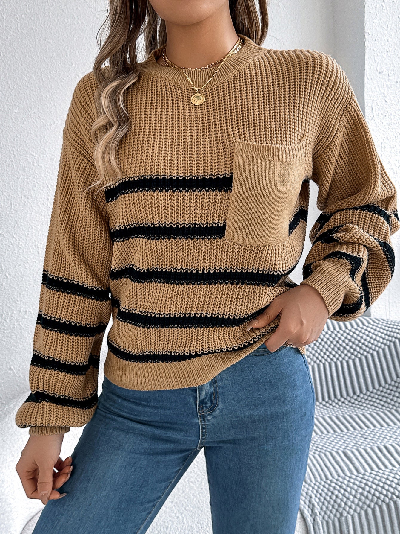 Women's Classy Striped Autumn & Winter Pullover Sweater - Casual Lantern Sleeve and Phone Pocket 🤳