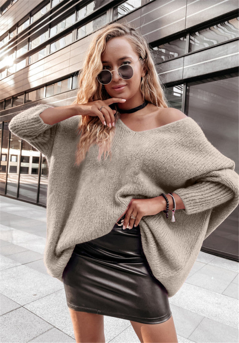 Sexy Oversized V-Neck Off-Shoulder Batwing Knit Sweater