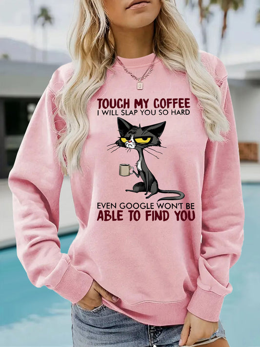 Women's Seasonal Warm Casual Sweatshirt with Humorous Cat COFFEE Graphic ☕️ 😻