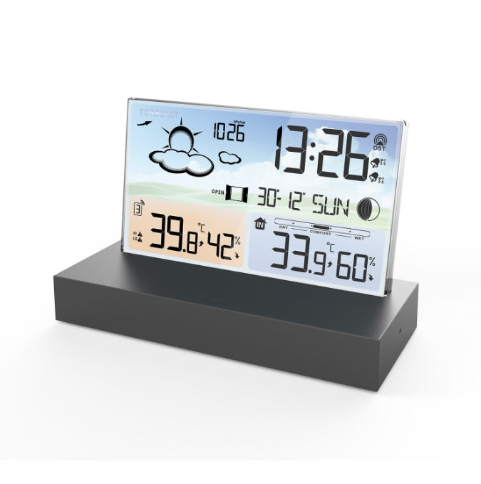 Transparent Glass Weather Forecast Clock -  Features Color Screen RF Wireless, Alarm, Perpetual Calendar, 12 or 24 Hour Format, 7 Languages