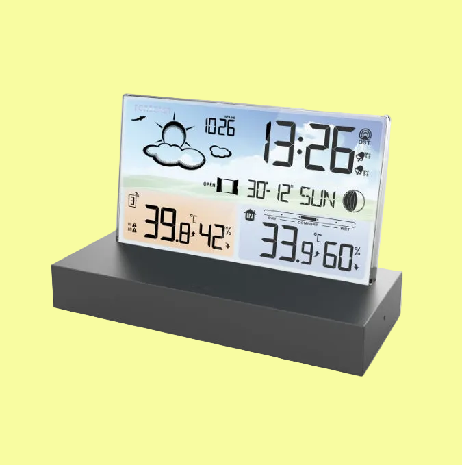 Transparent Glass Weather Forecast Clock -  Features Color Screen RF Wireless, Alarm, Perpetual Calendar, 12 or 24 Hour Format, 7 Languages